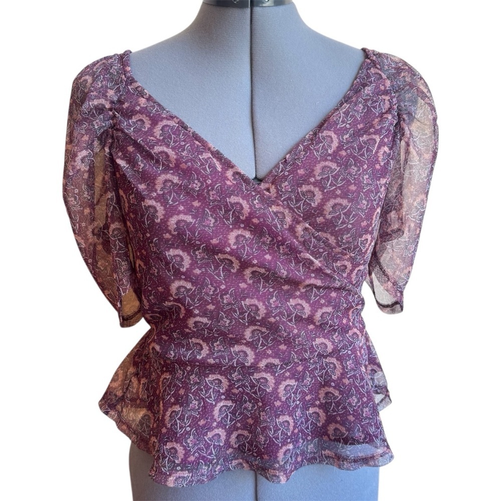 American Eagle Sheer Floral Wrap Top Fairycore Cottagecore Peplum Boho Purple